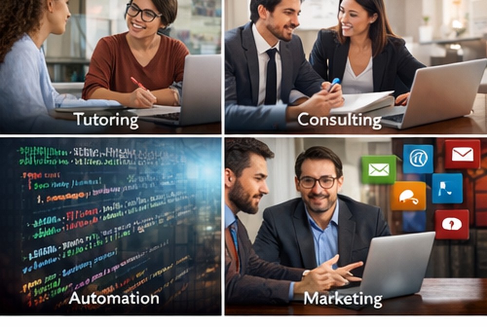 Collage representing tutoring, consulting, Excel automation, and marketing support.